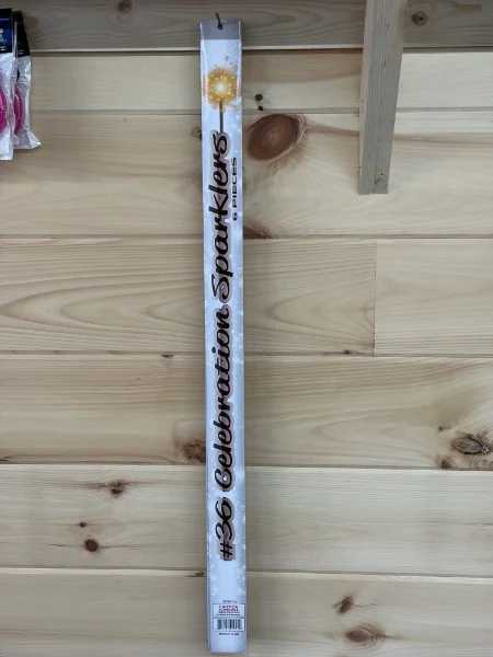 A pack of 36 inch Celebration Sparklers hanging on the wall at Krazy Kester's Fireworks.
