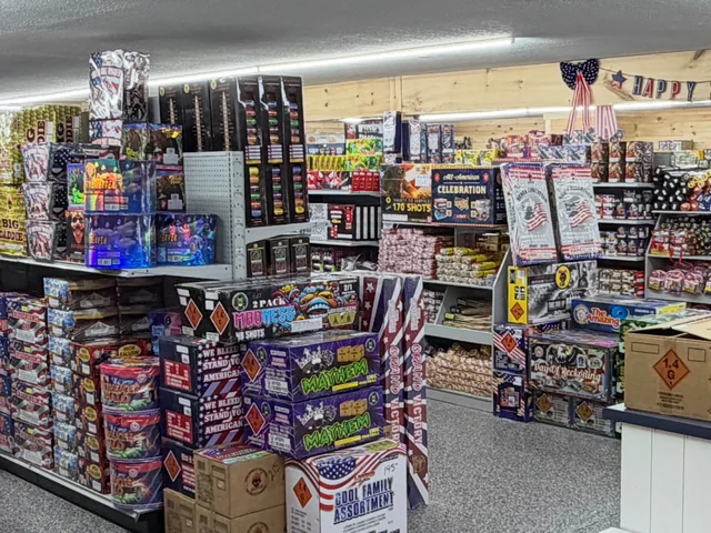 The finished store with shelves stocked full of fireworks.