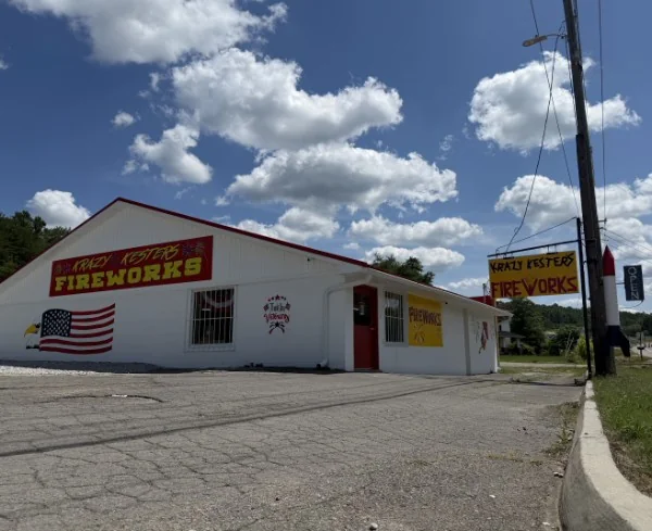 Krazy Kester's Fireworks storefront on Maynardville Highway, with hand-painted signs and the roadside Fireworks sign out front.